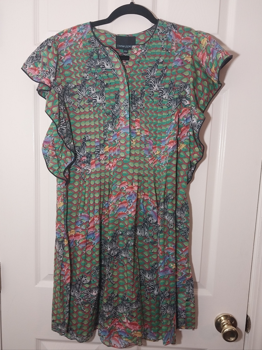 Cynthia Rowley Green Zebra Print Blouse with Multicolor Geometric Pattern S